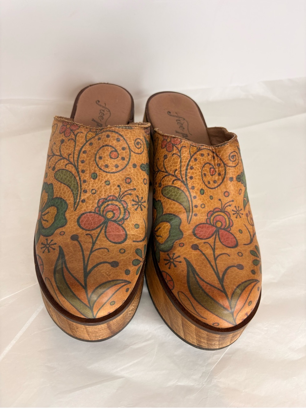 Free People Tan Floral Leather Platform Clogs with Green Accents - Picture 5 of 14